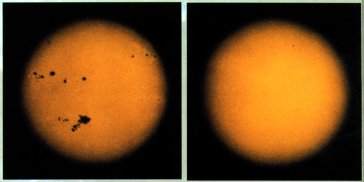 Солнечная поверхность в период максимума (слева) и минимума активности